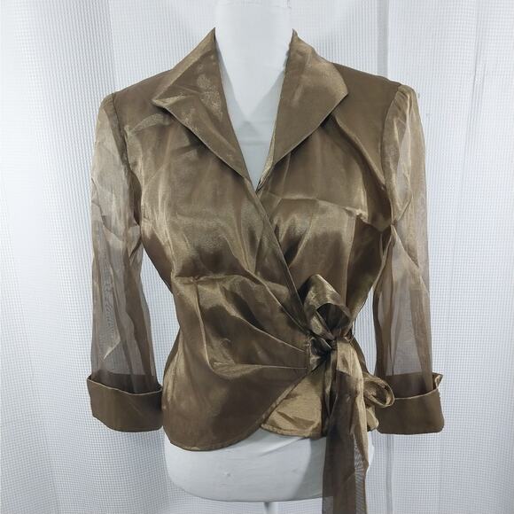 NWT@$60! LORI MAX, NY! LUXE ANTIQUE GOLD ORGANZA, SHEER SLEEVE BLOUSE, TOP! SZ M - Picture 2 of 9